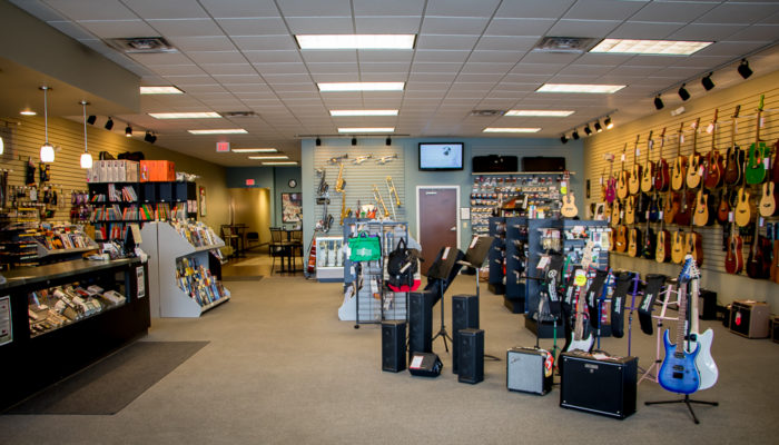 Wideview of our York location including many musical items on display.