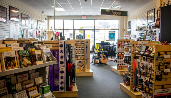 Inside of Menchey Music HArriburg, PA with music and accessories on display.