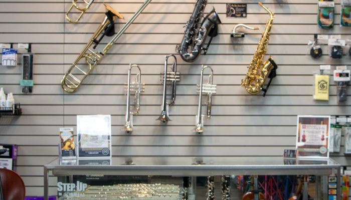 Display of intermediate band and orchestra instruments.