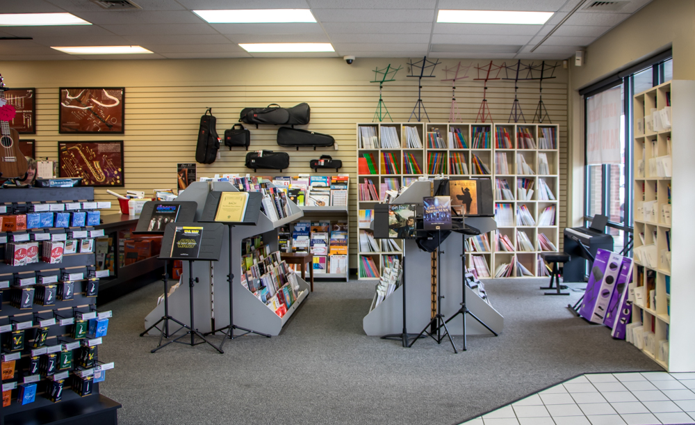 Our Lancaster store featuring the wide selection of music we carry and music stands.