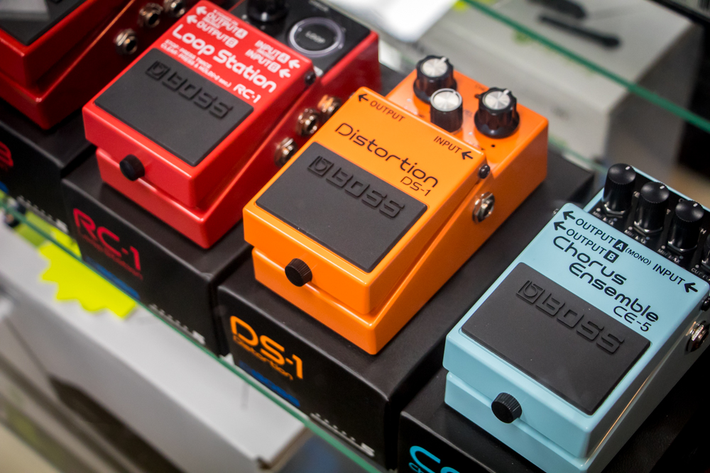 An assortment of guitar effects pedals manufactured by Boss.