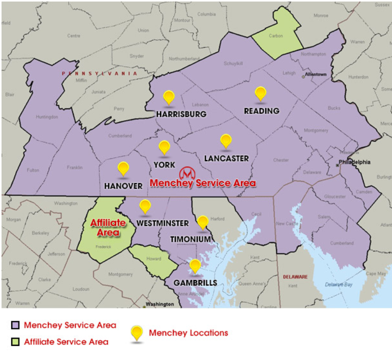 Map showing the areas in Maryland and Pennsylvania that Menchey Music serves.