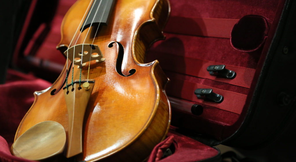 Violin displayed leaning on it's case.