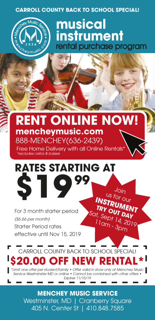 Flyer with diverse children playing instruments and information regarding our rental program with a print out coupon.