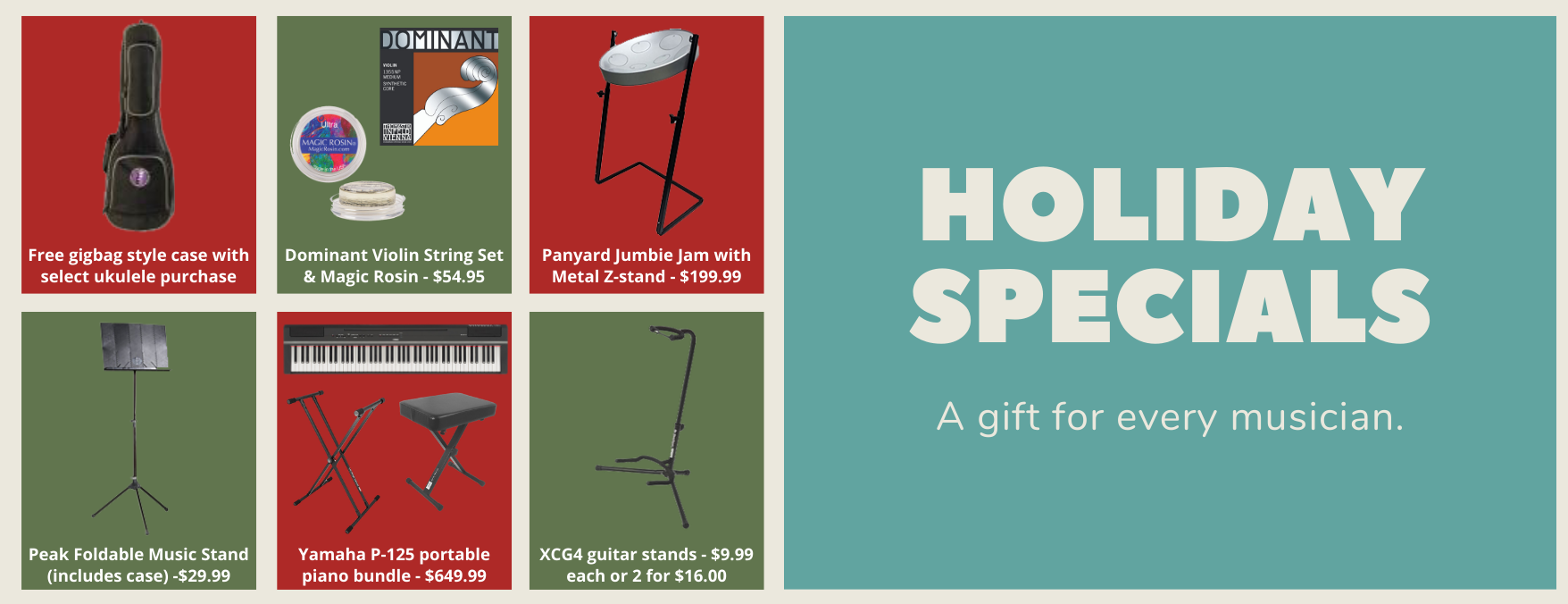 Guitar stand, P125, Jumbie Jam, music stand, to the left of graphic that says holiday specials.