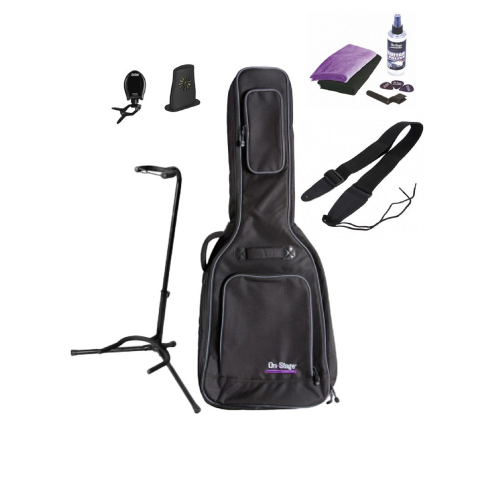 Image of a guitar accessory bundle with gig bag, guitar stand, tuner, strap, humidifier. peg winder, picks, and cleaning kit.