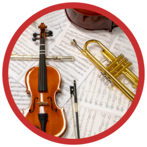 Image of band and orchestra instruments including a violin with bow, flute, trumpet, and cello.