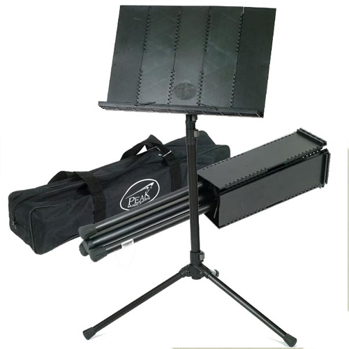 Image of Peak Music stands with carrying bag. One stand is folded and one stand is unfolded.