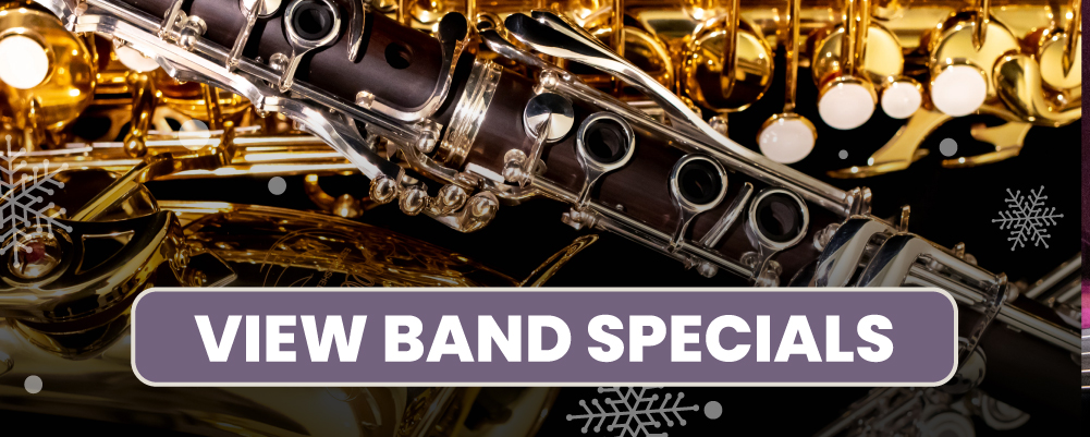 Image of band instruments. Includes button with text: "view band specials."