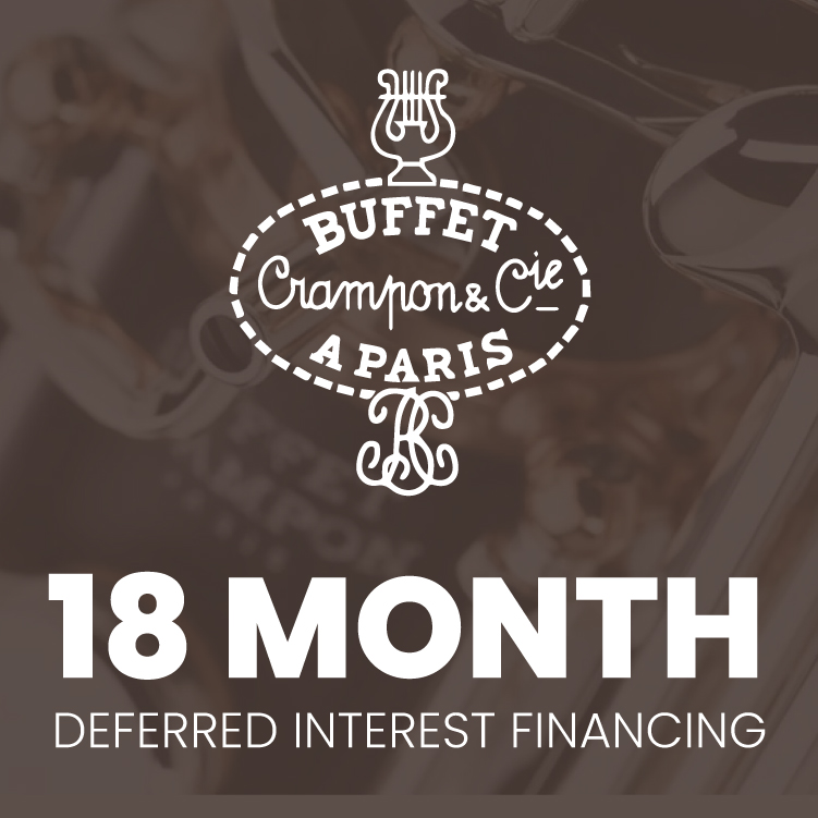 Image of instruments with Buffet Crampon logo and text: "18 month deferred interest financing."