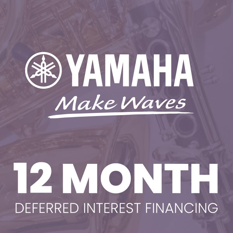 Image of instruments with Yamaha logo and text: "12 month deferred interest financing."