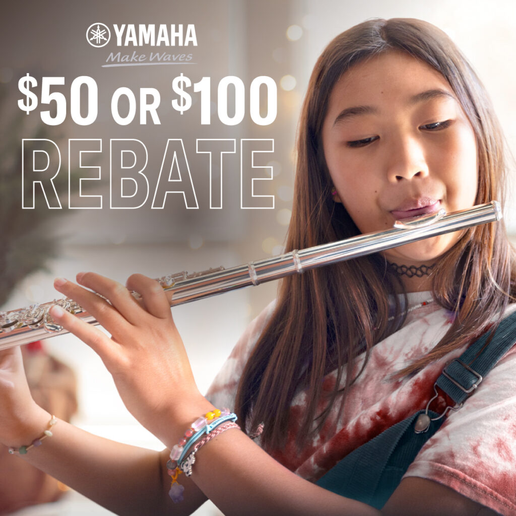 Image of girl playing flute with Yamaha logo and text: "$50 or $100 Rebate."