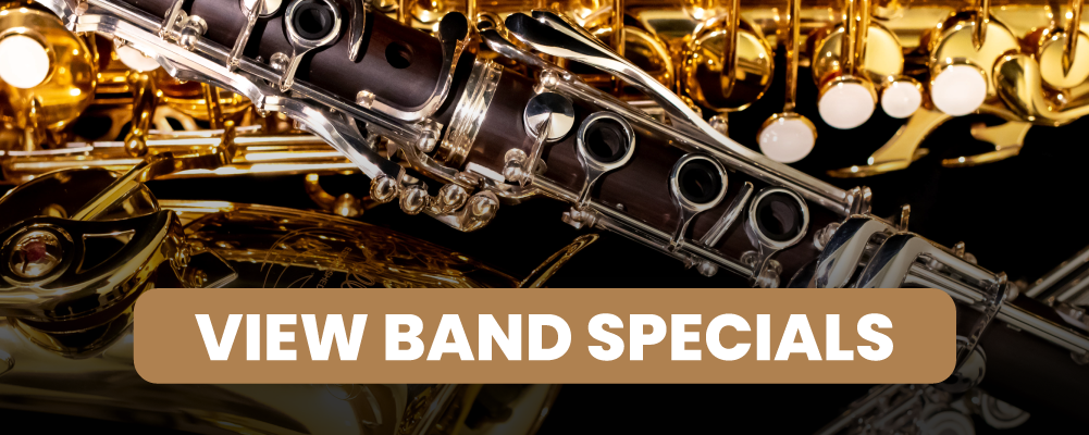 Background image of clarinet and saxophone featuring a button with the text: "View Band Specials." Click or tap this image to skip to the band specials on this page.