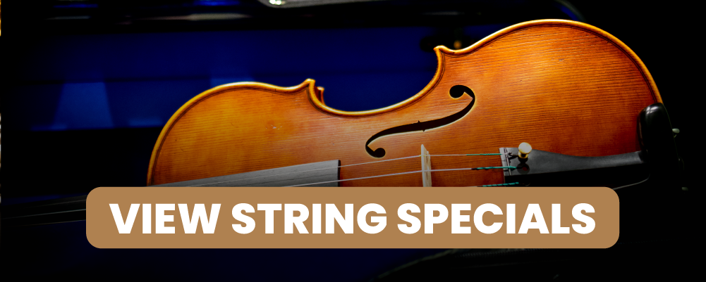 Background image of violin in a case featuring a button with the text: "View String Specials." Click or tap this image to skip to the string specials on this page.