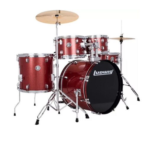 Product photo of the Ludwig Accent Drive 5 piece drum set in red sparkle.