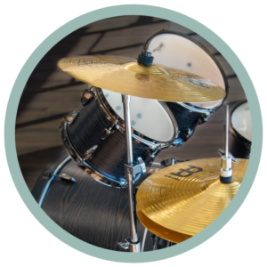Closeup image of a drumset.