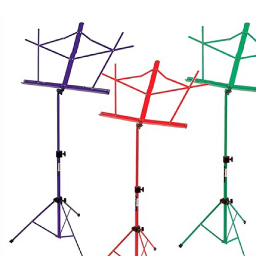 Image of purple, red, and green wire music stands.