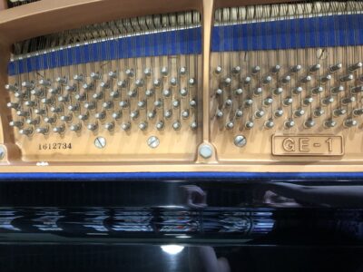 Serial number and model number within a Kawai GE1 Polished ebony 5’1” baby grand (1612734)