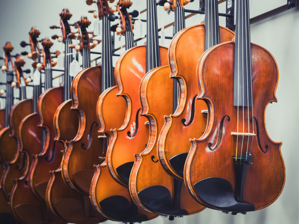 display of violins hanging on a wall rack in string gallery