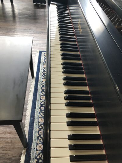 A view of the keys and bench of a Boston GP163II sating ebony grand piano.