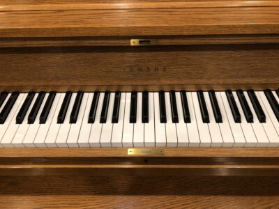 The front logo and keys of the Yamaha P22 in Oak, #T174979.