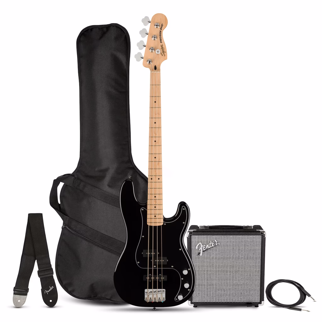 Image of a bass guitar starter pack that includes a bass guitar, amp. cord, gig bag, strap.