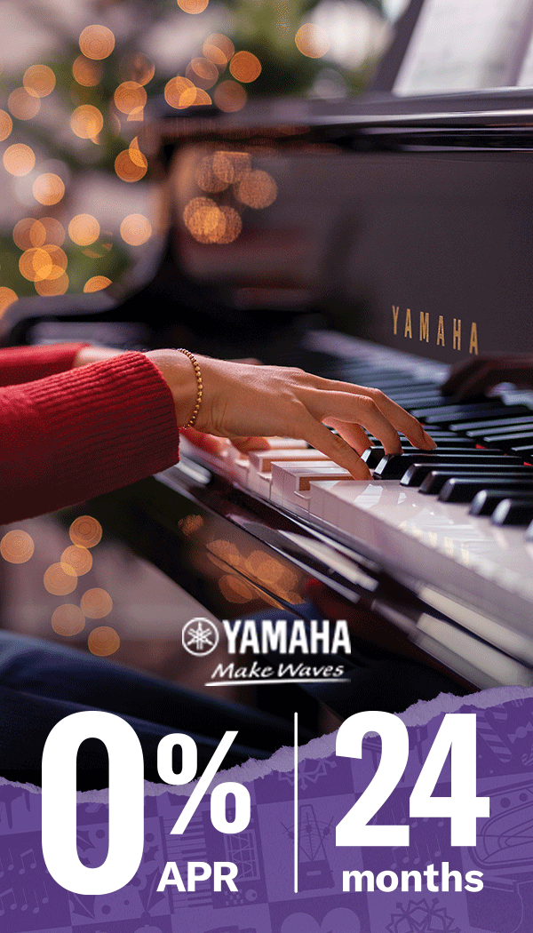 Closeup of a person's hands playing a Yamaha grand piano with rotating text: "0% APR | 24 months | Unwrap Expression."