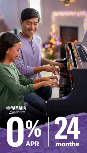 Image of girl and dad playing a Yamaha grand piano with rotating text: "0% APR | 24 months | Unwrap Expression."