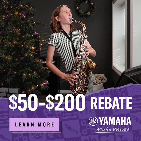 Image of girl playing saxophone with text "$50-$200 Rebate," Yamaha logo, and button with text: "Learn More."
